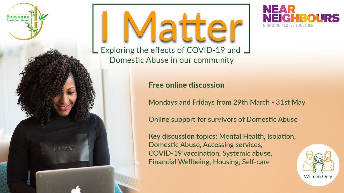BambuuuDA's tweet photo. Join us on Good Friday and Easter Monday for our I Matter sessions.
We're exploring the impact of COVID-19 on our communities, as well as the damaging effect of #DomesticAbuse.
All women welcome. Visit https://t.co/ZddZOoGXOJ to register.
#NNProject #bringingpeopletogether https://t.co/b9JLFf7oCk
