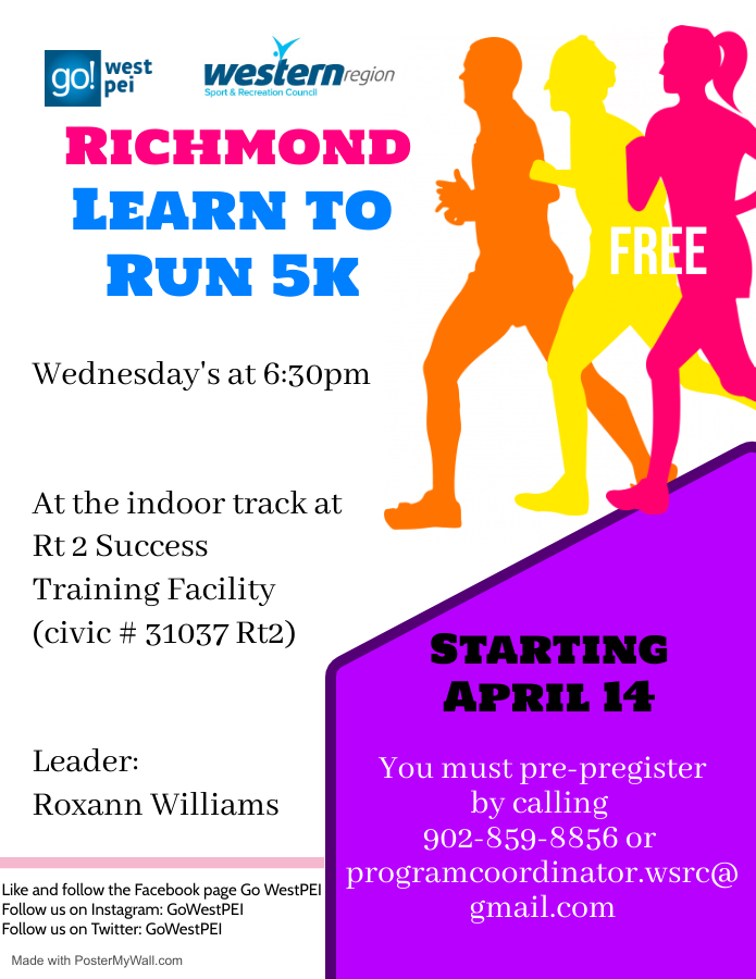 GoWestPEI's tweet photo. Richmond &amp; area:  Learn to Run 5 km 10-wk program is starting on Wed. April 14.  You must pre-register.  What is the Learn to Run program?  It is a fun 10-week walk-to-run program for beginners where participants gradually work up to running a 5km. @gopei #learn2run https://t.co/h4DGToI9qW