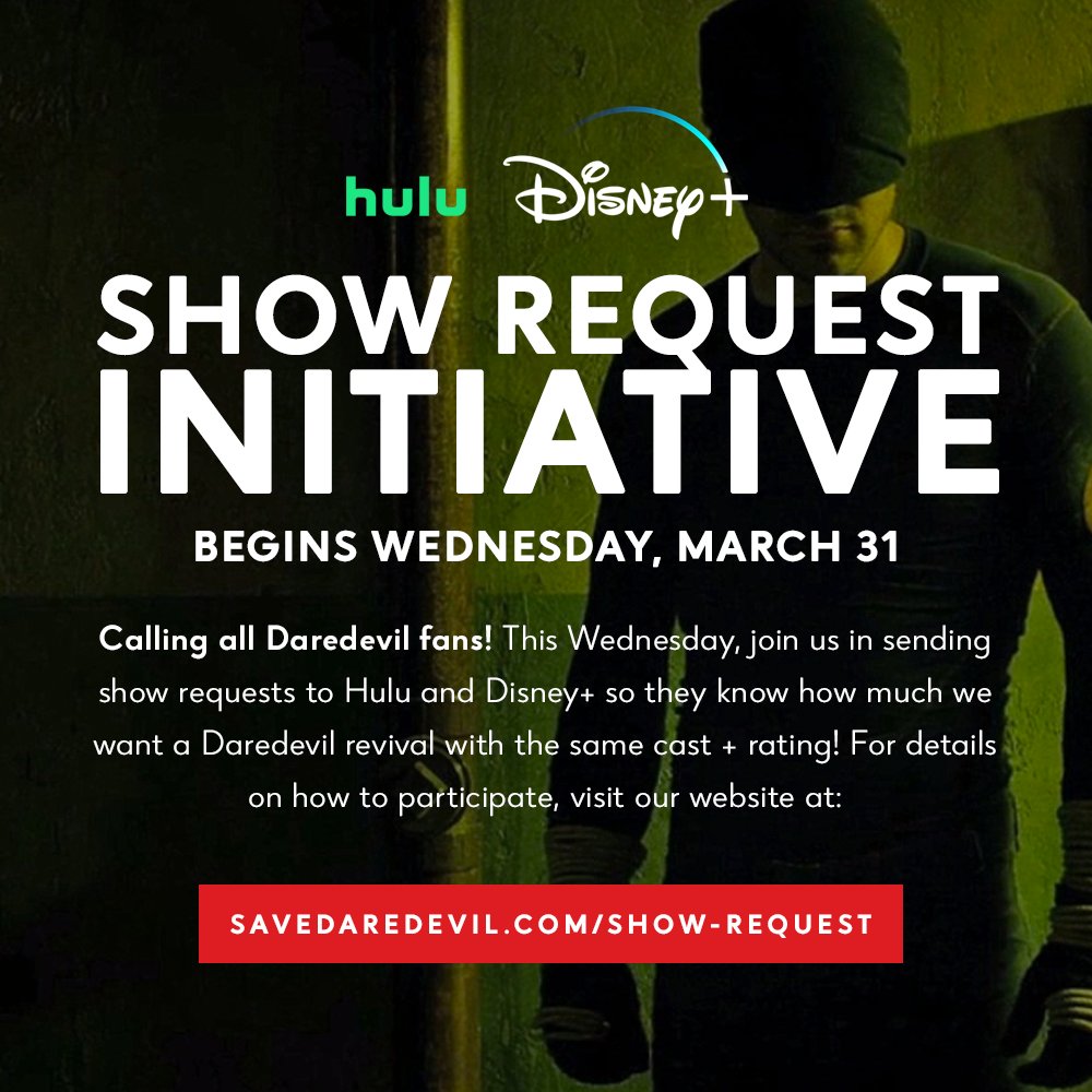 SavedDaredevil's tweet photo. Calling all #Daredevil fans! We are going live *this* Wednesday, March 31 with our Show Request Initiative and we need your help to make it a success 😈! Read up on all the details @ https://t.co/7QxUT7GySy
#SaveDaredevil #CharlieCox https://t.co/ZPEFPmn9XJ