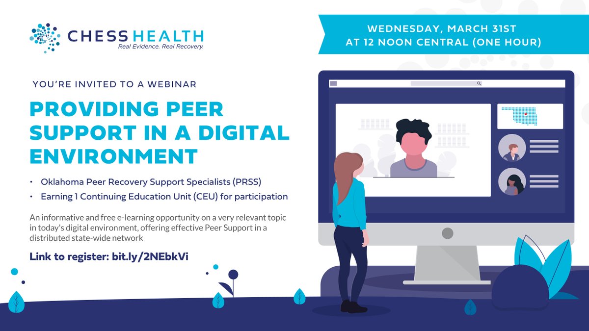 CHESSmh's tweet image. There is still time to register! Oklahoma Peer Recovery Specialists (PRSS) Join us for a free webinar and (earn 1 CEU) on providing peer support in a digital environment bit.ly/2NEbkVi #CHESShealth #eRecovery #ConnectionsApp