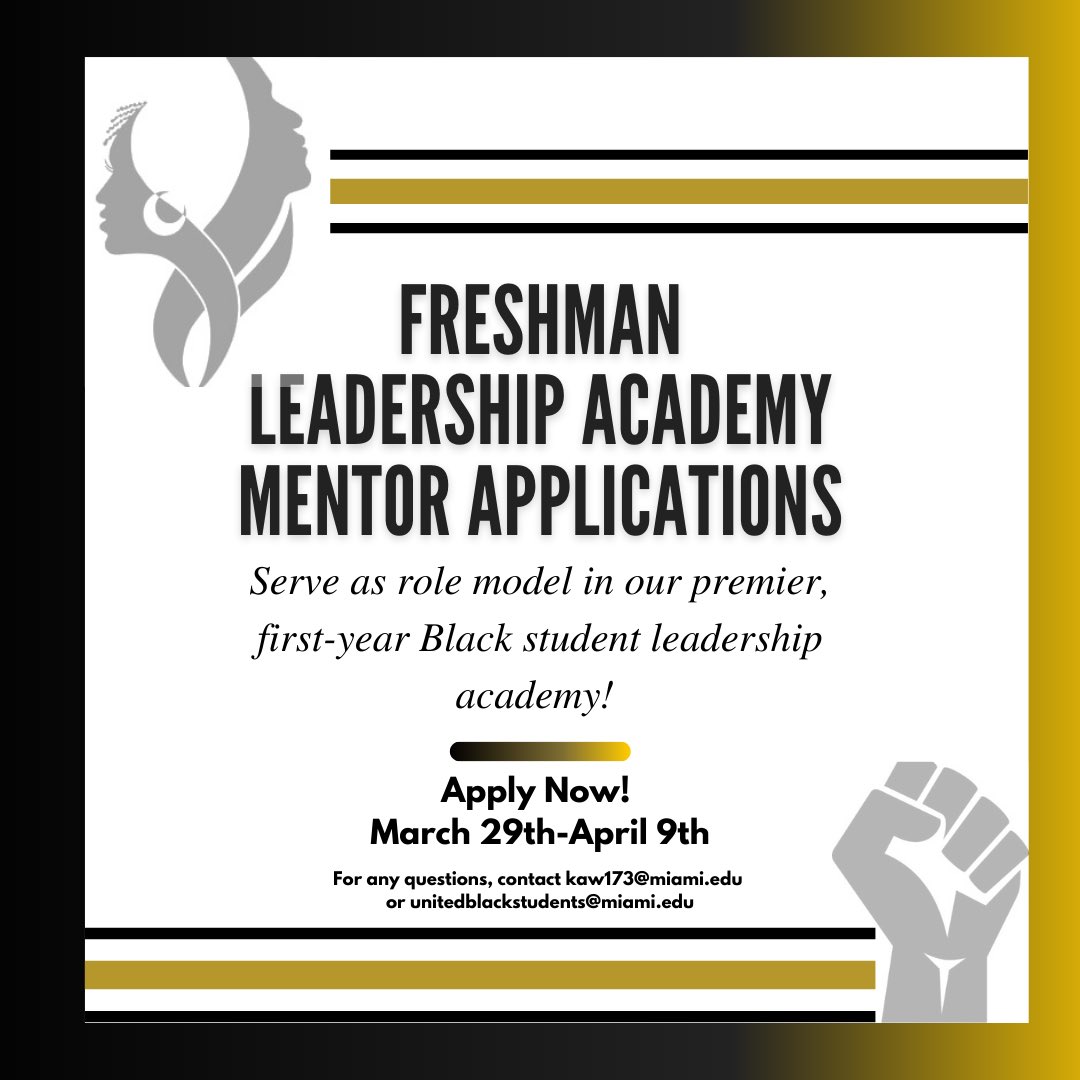 The United Black Students is opening up its application for Freshman Leadership Academy application for mentor in the 2021-2022 academic school year. The application closes April 9th,2021