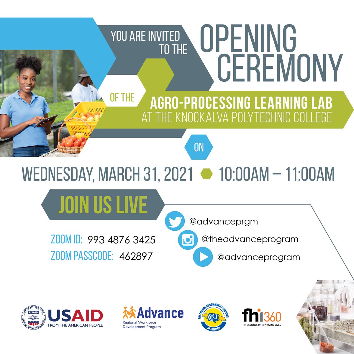 JOIN US LIVE!

Agriculture is an important industry, and we are invested in training students for it. Join us on March 31st
to celebrate the official opening of the agro-processing learning lab at <a href="/KnockalvaC/">Knockalva Polytechnic College</a>. <a href="/TheCCCJ/">The Council of Community Colleges of Jamaica</a>
#Agriculture #Agro-processing #Jamaica #Education