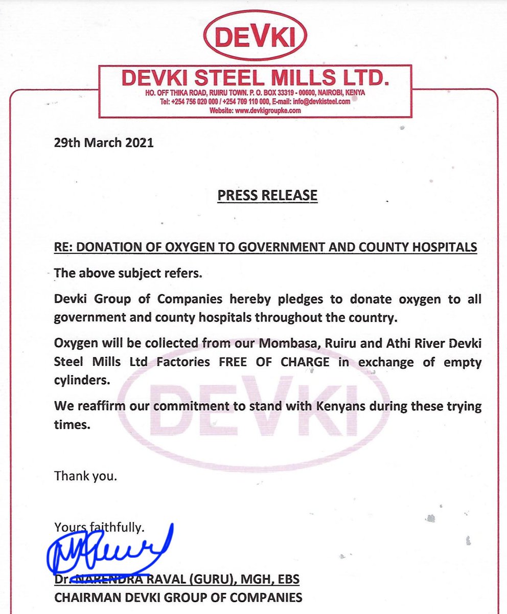 DEVKI Group of Companies pledges to donate oxygen to all government hospitals throughout the country.