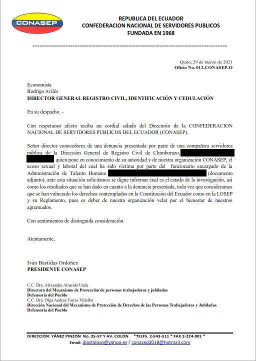 CONASEP_EC's tweet photo. No Más Acosos Laborales
La Confederación Nacional de Servidores Públicos del Ecuador, pone en conocimiento la presente denuncia por acoso de parte de un mal funcionario, que se cree que por ocupar un cargo en Talento Humano, puede chantajear y burlarse de nuestras compañeras. https://t.co/FpvA2vu68A