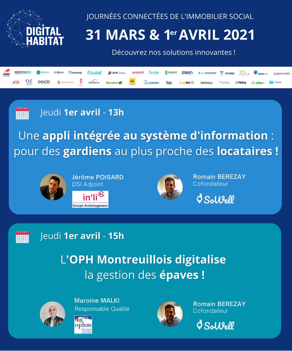 📅 Le rendez-vous à ne pas manquer pour les #bailleurssociaux ! 

On y parlera de solutions innovantes pour les acteurs de proximité !

Pour participer aux webconférences live, et interagir avec les invités, inscrivez-vous sur : digital-habitat.club/fr/me/programm…

#hlm <a href="/DigitalHabitat_/">Digital Habitat</a>