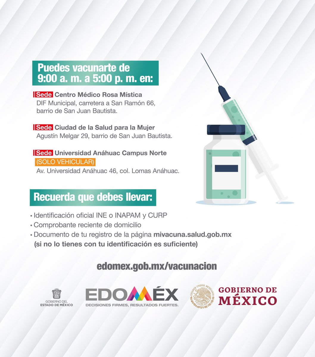 Gobierno Del Estado De Mexico On Twitter La Aplicacion De La Vacuna Contra Covid 19mx En El Municipio De Huixquilucan Sera Del 29 Al 31 De Marzo Consulta Las Sedes De Vacunacion Https T Co Dfnctzio6s