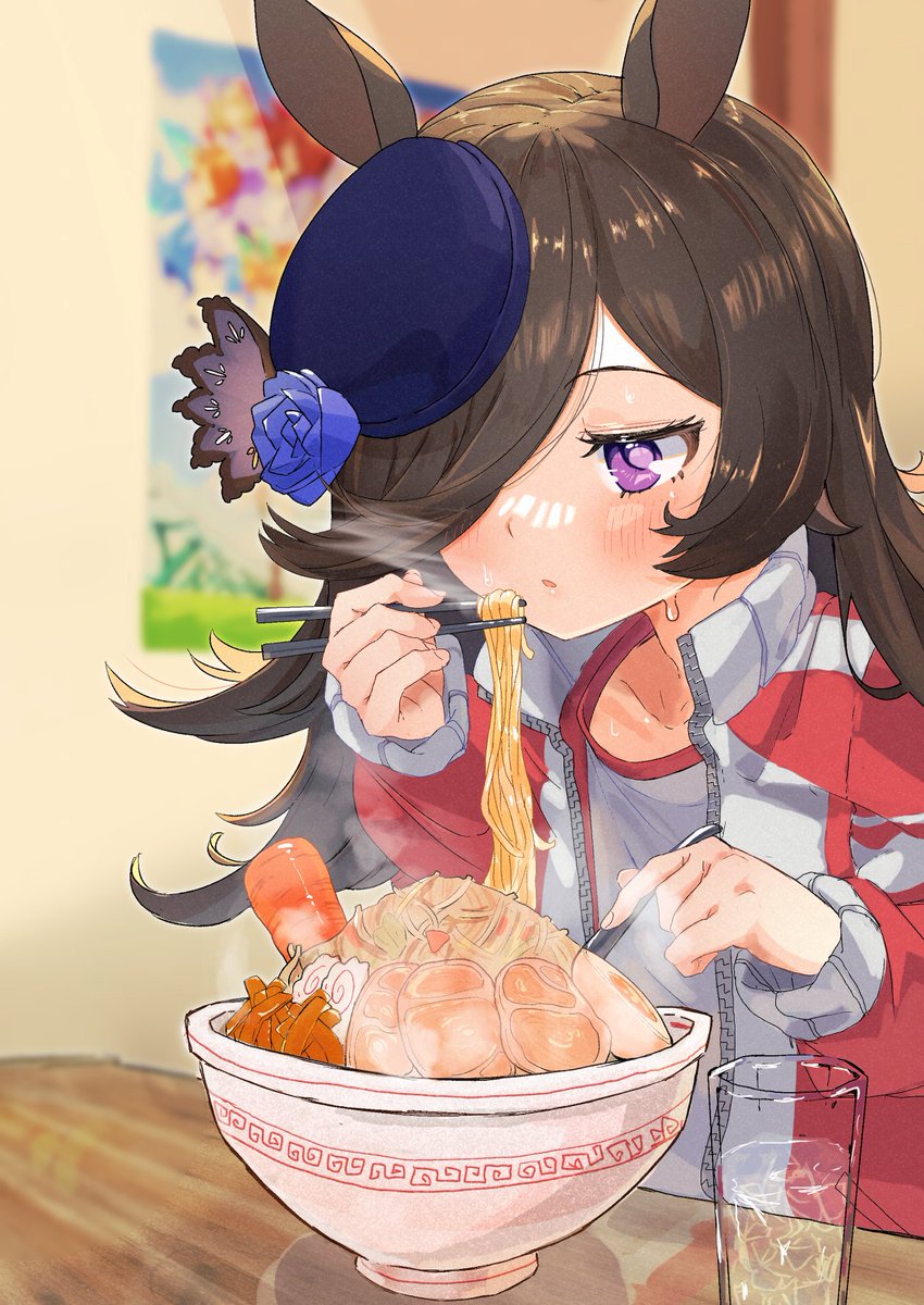 rice shower (umamusume) 1girl animal ears food horse ears solo chopsticks hat  illustration images