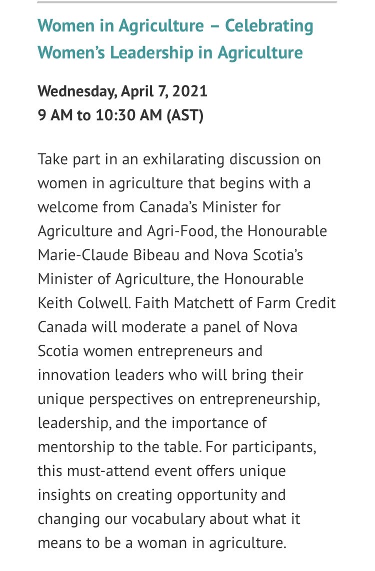 Matchettfb's tweet photo. Join us on April 7th for a discussion on Women’s Leadership in Agriculture &amp; Agri-Food ⁦@mclaudebibeau⁩ ⁦@laurenpeters96⁩ ⁦@hfx_marth⁩ ⁦@voltaeffect⁩ ⁦@bramblehillfarm⁩ ⁦@ShivianiD⁩ ⁦@NSPerennia⁩ ⁦@FCCagriculture⁩ ⁦ https://t.co/fP8Wq3yLhv