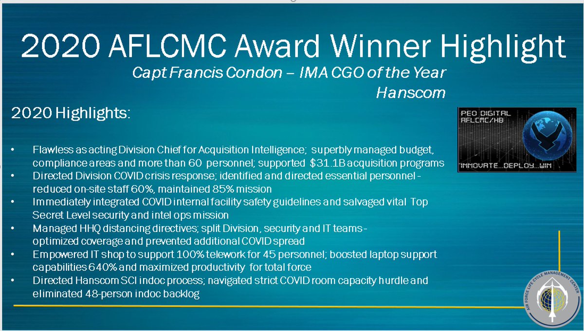 AFLCMCofficial's tweet photo. Continuing to #RecognizeExcellence with Capt Francis Condon, AFLCMC IMA CGO of the Year. #AnnualAwardWinners https://t.co/cAU9tcchnM