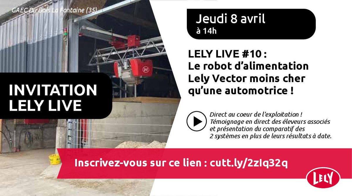 Le robot d'alimentation Lely Vector moins cher qu'une automotrice ? Pour savoir comment, inscrivez-vous vite ici et participez en direct et depuis chez vous à notre prochain LELY LIVE du jeudi 08 avril ! 
cutt.ly/2zIq32q