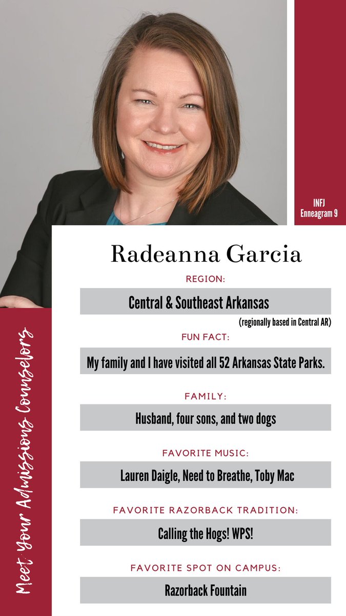 Meet Radeanna, our Admissions Counselor who works with Central and Southeast Arkansas students! She loves creating memories every time she visits campus, cooking and trying new recipes, and Razorback basketball!

Have questions about U of A? Ask Radeanna!
ow.ly/m3x450E5to5