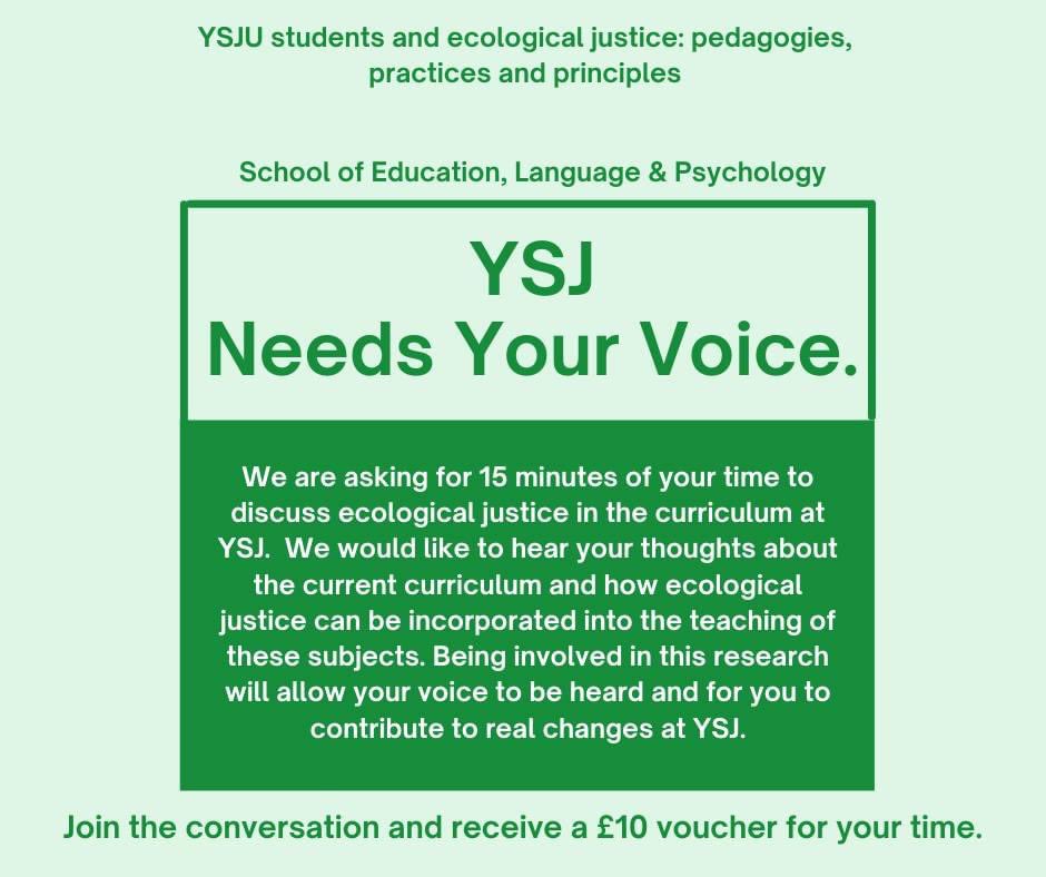_nicolenash's tweet photo. Are you in @ysjschoolofelp ?
We are asking for 15 minutes of your time to discuss ecological justice in the curriculum at YSJ. You will receive a £10 voucher in return 💵

Register your interest here: https://t.co/tTUlFYppeg or email nicole.nash@yorksj.ac.uk for more information. https://t.co/IeVvqUDuRJ