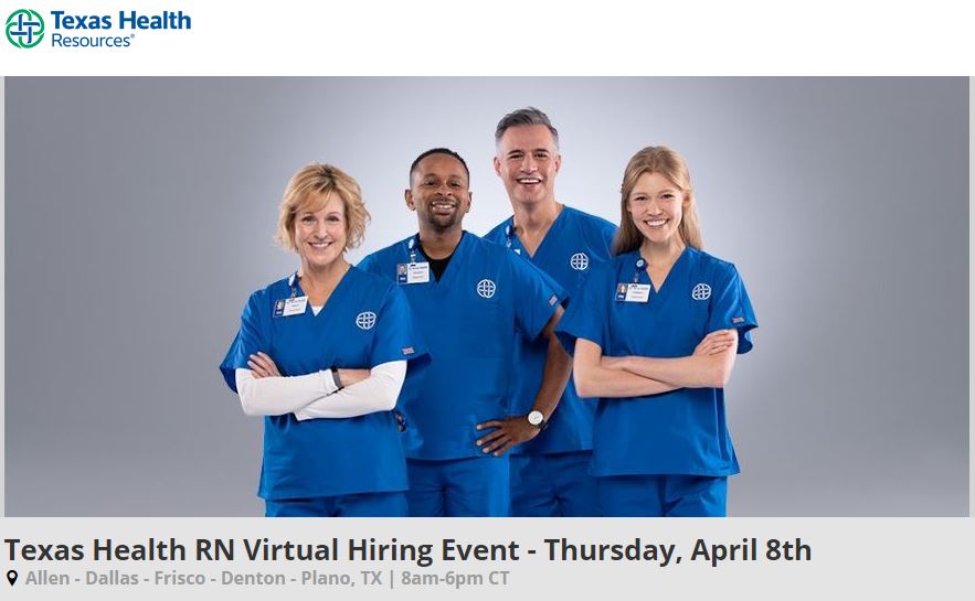 TXHealthCareers's tweet photo. * * Join Us at Our VIRTUAL RN HIRING EVENT April 8th * * 

We’re looking for experienced #RegisteredNurses like you to join our awesome #Nursing team. Chat with our Recruiters and Hiring Managers and explore #RNopportunities.

Register online TODAY! 
https://t.co/r6NHWkmxxt https://t.co/KP4TyraOyP
