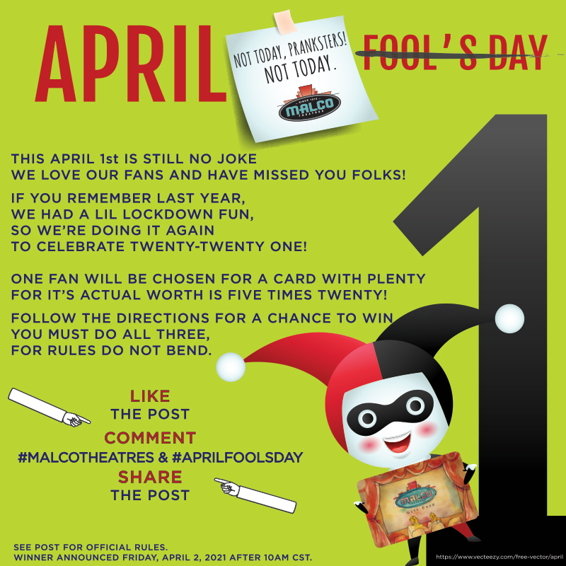 malcotheatres's tweet photo. Jump over to the official Malco Theatres Facebook page for a chance to win a $100 gift card to Malco! 

See official Facebook post for contest rules > https://t.co/NixlSN7mvg

#aprilfoolsday #cinemasafe #notajoke #noentrieshere #gotofacebook https://t.co/jdQhu6BhcI