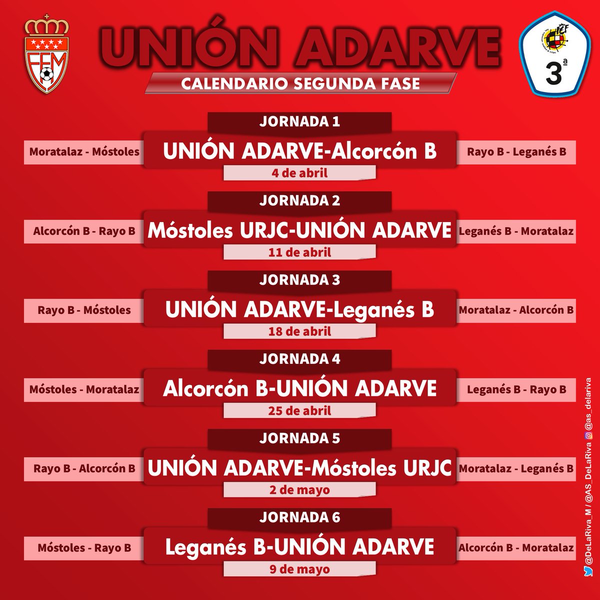 DeLaRiva_M's tweet photo. 🗓 Calendario del @UnionAdarve 🔴⚫🐺 en la segunda fase para el ascenso a Segunda División RFEF y 📋clasificación inicial del subgrupo 7-C de Tercera División.

#TerceraDivisión #3div7 #SegundaDivisionRFEF https://t.co/LF5yDPCN3A