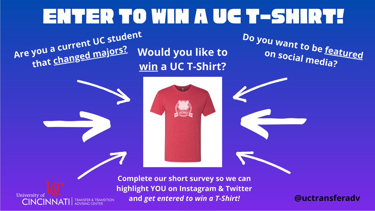 Are you a current UC student that changed majors? We want to feature YOU! Fill out our short survey to be featured and entered to win an exclusive UC T-Shirt! forms.office.com/r/ZEYUbrSb4k