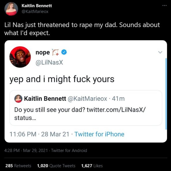 silasinvain's tweet photo. Kaitlin Bennett saying that Lil Nas X threatened to r*pe her dad is the most ridiculous thing I've ever seen. Not a single word of this is him saying it would be non-consensual. https://t.co/p8EwHbKeWY