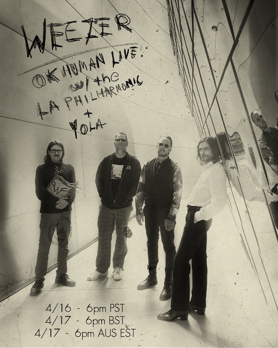 Weezer's tweet photo. ⚠️⚠️ FYI - you are able to watch OK Human Live from anywhere in the world, regardless of which ticket you buy. The three different times are for local convenience. The streams will not be geo-blocked.

Get tickets https://t.co/8p3wwby443 https://t.co/BroammnJpW