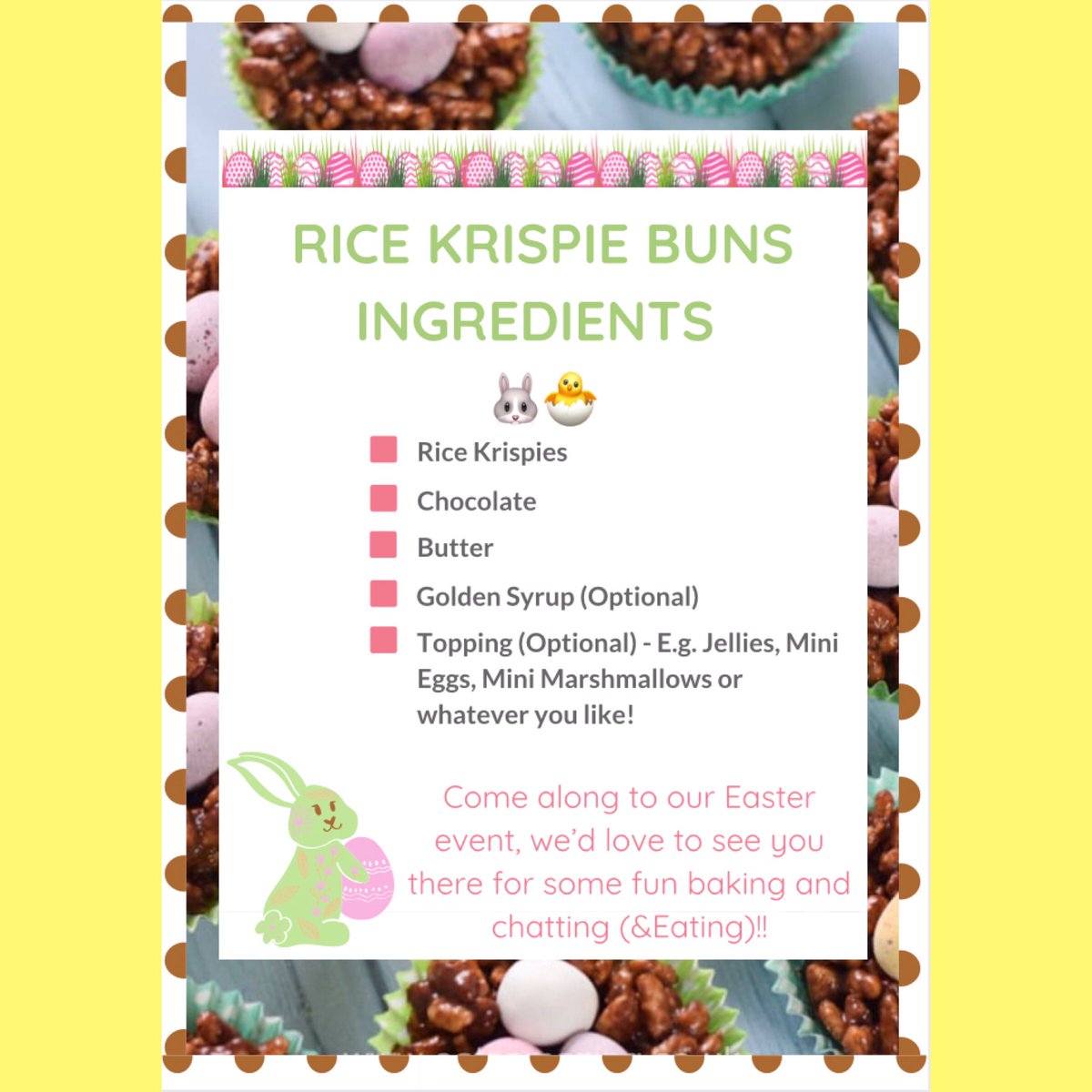 🐣 Easter Time!🐣 
Join us Thursday <a href="/7pm/">Huong Le</a> on Zoom where we will be doing some Easter Baking, making chocolate rice crispy treats🍫🤤 

Be sure to pop along for some chocolate chats!! 😍😍 We have a sample ingredient list below but feel free to bring along whatever you like 🙌💖