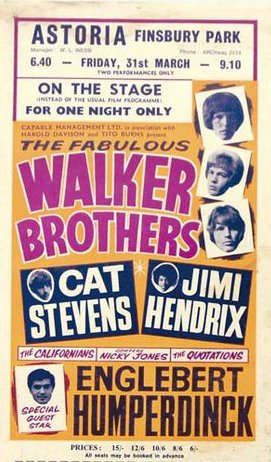 espofootball's tweet photo. #OTD Mar31,1967 Opening of The #WalkerBrothers tour at the the Astoria Cinema Finsbury Park with #CatStevens, &amp; #JimiHendrix plus The #Californians, #NickyJones &amp; The #Quotations and special quest star #EngelbertHumperdinck; Hendrix sets his guitar on fire live for the 1st time https://t.co/4SSHjV0Etk