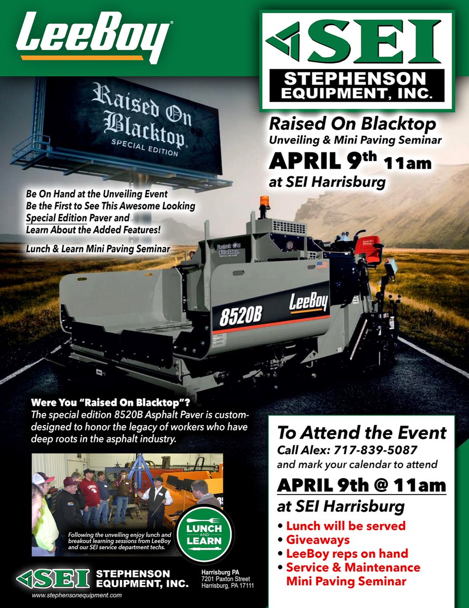 StephensonEquip's tweet photo. Join us at our Harrisburg location on Friday, April 9th at 11am for the unveiling of the first #raisedonblacktop edition #LeeBoy 8520B. Be the first to see the paver in person, and get some helpful paving tips at our Lunch &amp; Learn Mini Paving Seminar. Give Alex a call today!! https://t.co/lYd574tQeZ