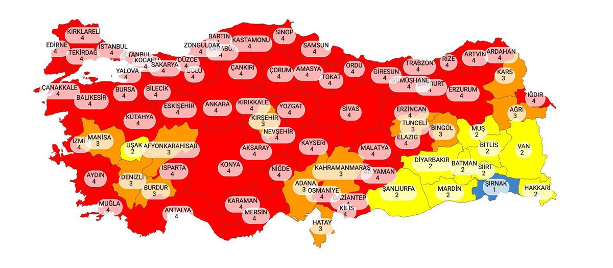 Türkiye risk haritası güncellendi. 58 şehir kırmızı renk.