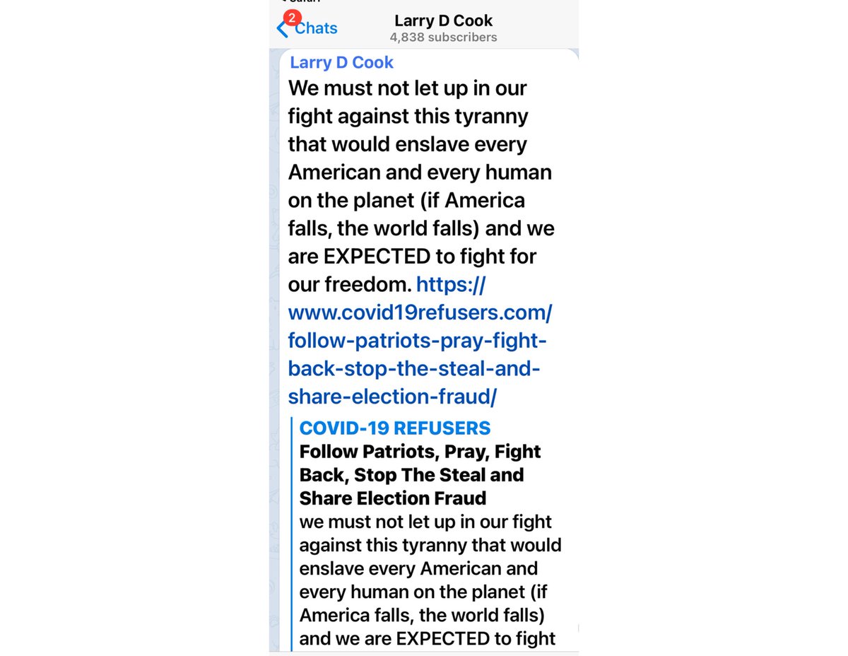ECandella's tweet photo. If anyone thought #LarryCook has been silenced THINK AGAIN-On #Telegram today calling #Covid19Refusers to continue to FIGHT BACK and #StopTheSteal @AntiVaxWatchOrg @thereal_truther @DOJPH https://t.co/BcNhR7H4vp