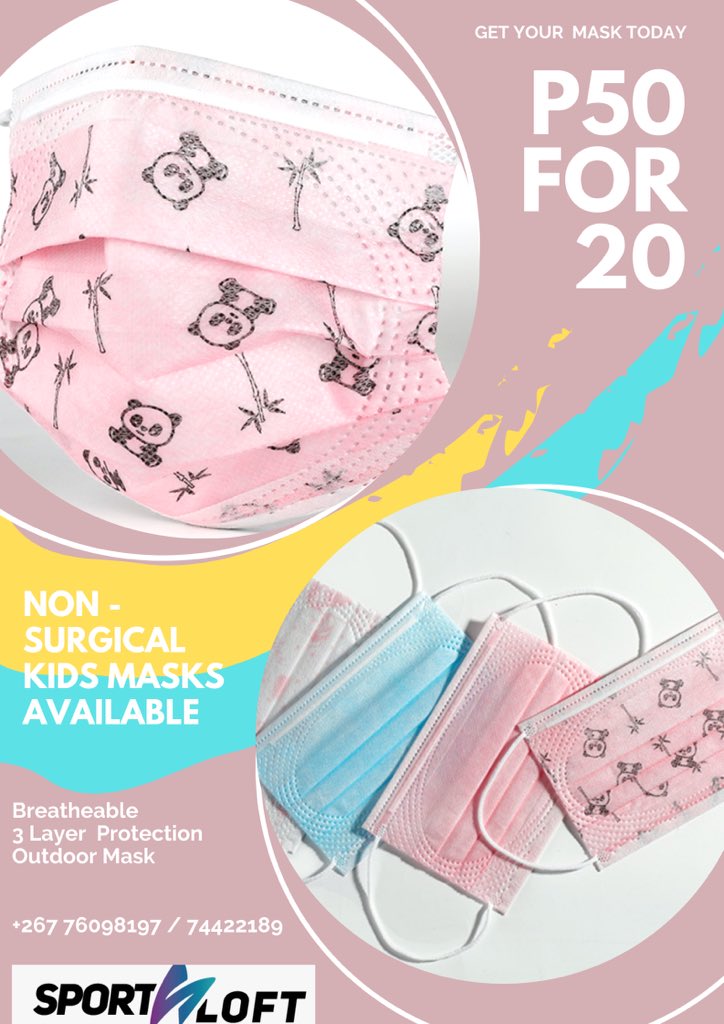 SportsLoftBW's tweet photo. Adults and kiddies masks 😷 available. Same day delivery 📦 in Gaborone and next day delivery throughout the rest of the country 🇧🇼 
📞 +267 76098197 / 74422189 to get yours delivered today https://t.co/j67ogDuSry