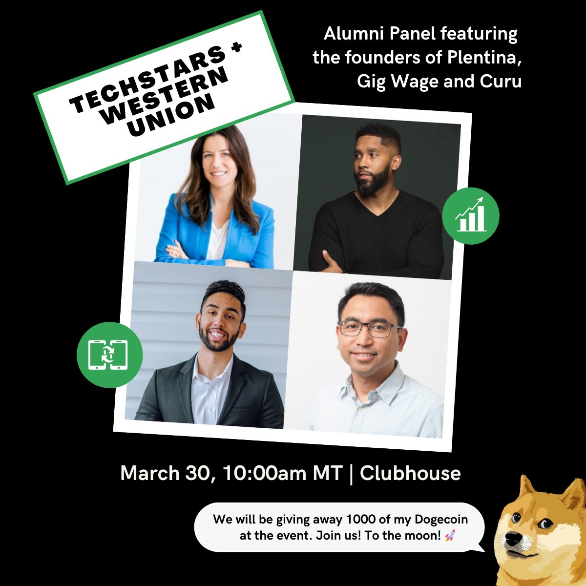 Please join us on Clubhouse tomorrow for an awesome opportunity to learn from a handful of our alumni of the Techstars and Western Union accelerator. Also, we are giving away 1000 dogecoin at the event.#fintech #startups #acceleratorprogram #innovation joinclubhouse.com/event/PQ5JaYo7
