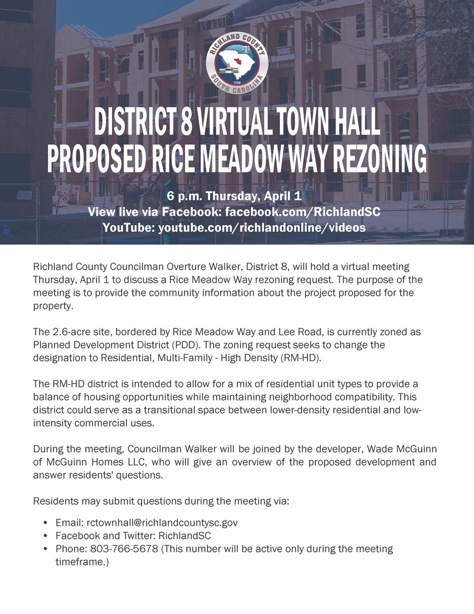 RichlandSC's tweet photo. Richland County Councilman Overture Walker, District 8, will hold a virtual meeting Thursday, April 1 to discuss a Rice Meadow Way rezoning request. To learn more, visit https://t.co/t2RVPIfWtR. https://t.co/jdSJohHvoS
