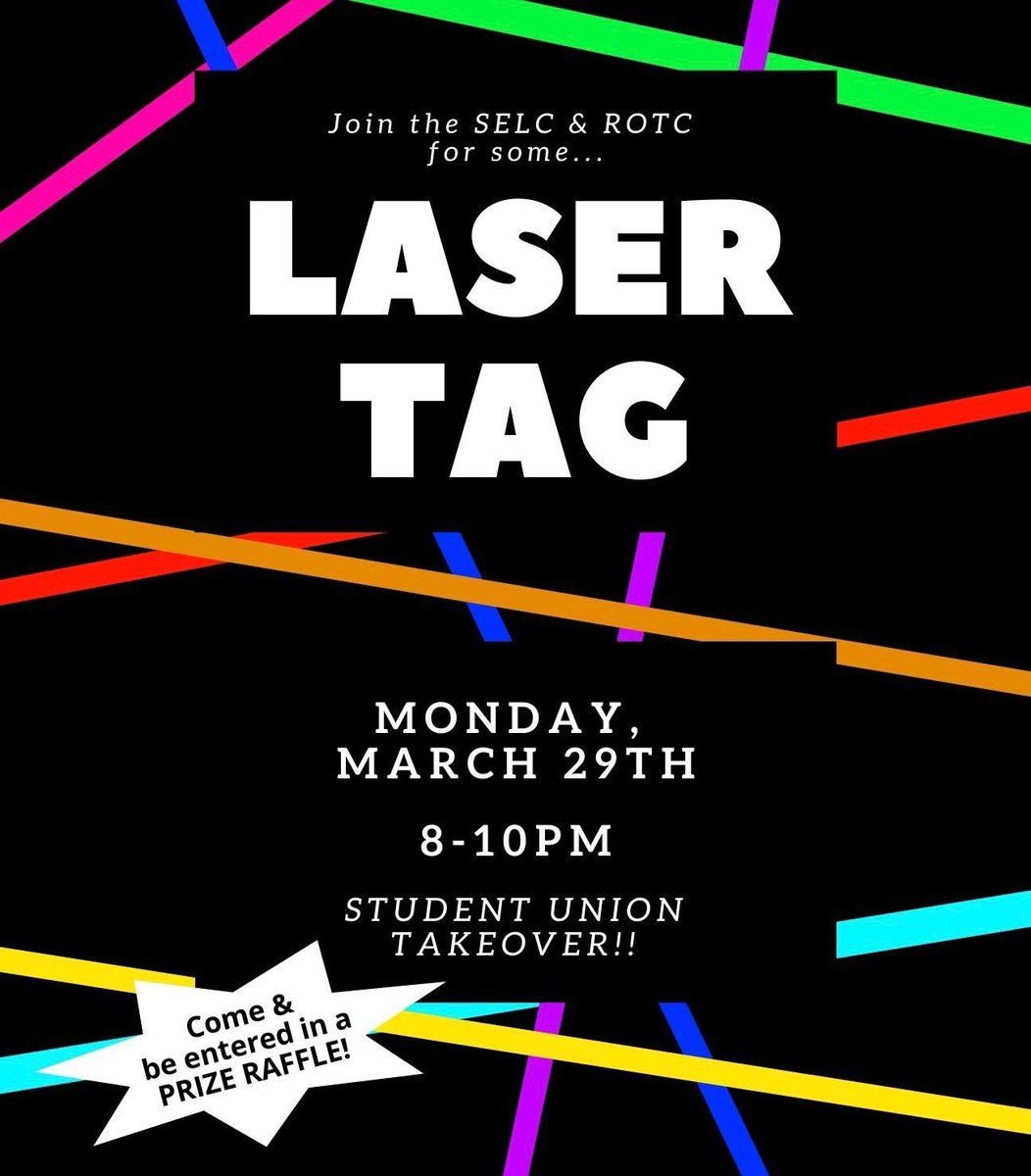 We are taking over the Student Union with LASER TAG!! Head to the Union from 8-10pm to play some laser tag and be entered into a raffle for a chance to WIN A PRIZE!
