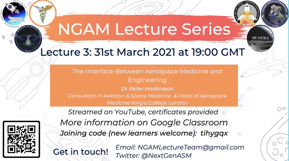 NextGenAsM's tweet photo. The next @NextGenAsM Lecture goes live in just over 48hrs!! This month we have a true legend of Aerospace Medicine, Dr Pete Hodkinson (@spaceman_pete) talking about the need for close links between engineers and ASM. Can’t wait! https://t.co/v1PJ9SC4ZY