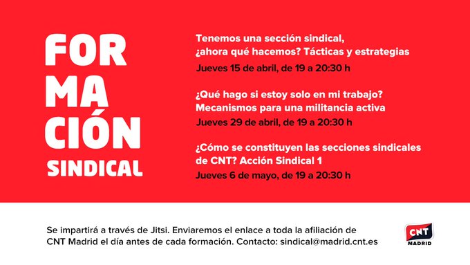 📝 Tácticas y estrategias para las secciones sindicales

📝 Mecanismos para militancia activa

📝 ¿Cómo constituir secciones sindicales en CNT?

💪 No te pierdas las formaciones de <a href="/CNTsindicato/">CNT Sindicato</a> para abril y mayo 

#CuentaConCNT