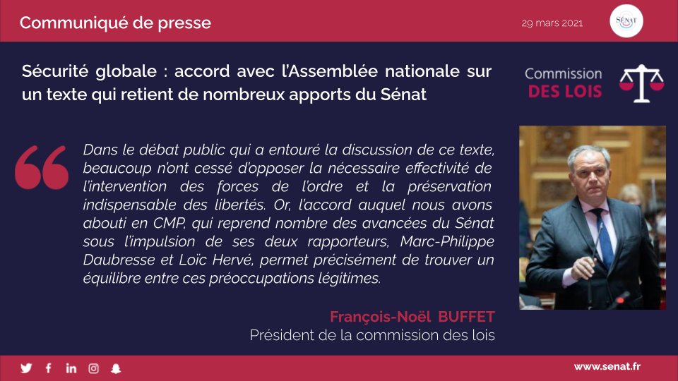 Senat's tweet image. 📢 #PPLSécuritéGlobale : accord avec l’@AssembleeNat sur un texte qui retient de nombreux apports du Sénat

Rapporteurs de la #ComLoisSénat : @DAUBRESSE_MP et @loichervepublic 

 👉 le communiqué de presse : sén.at/lCN1Ok
🔎  sén.at/EUQ53M