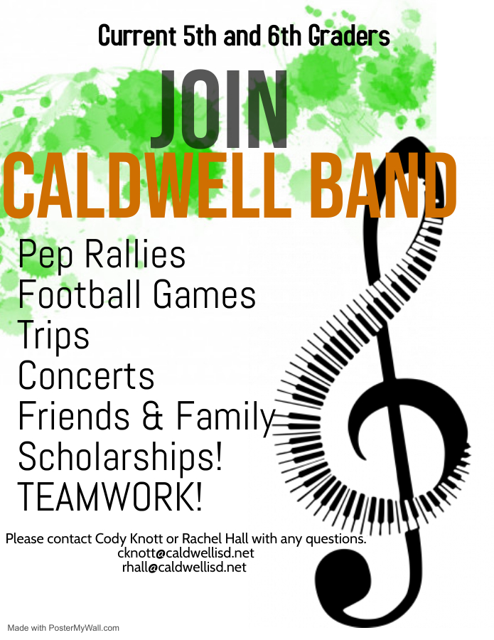 caldwellinter's tweet photo. Still interested in being in band for 6 or 7 grades? There is still time to sign up. Mrs. Faust has the paperwork or you can view it here - https://t.co/aD0v5GiPCQ

If you have any questions please let Mr. Knott (cknott@caldwellisd.net) or Ms. Hall (rhall@caldwellisd.net) know! https://t.co/gw3U5mIZXC