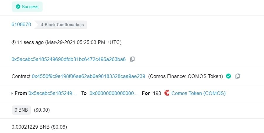 We just Buyback and Burned 198 COMOS
+bscscan.com/tx/0xcb2e48d6a…
+bscscan.com/tx/0xae0be78e1…
<a href="/ComosF/">Comos Finance</a> #YieldFarming #BinanceSmartChain #Bitcoin #BNB #DeFi #crypto #COMOS
