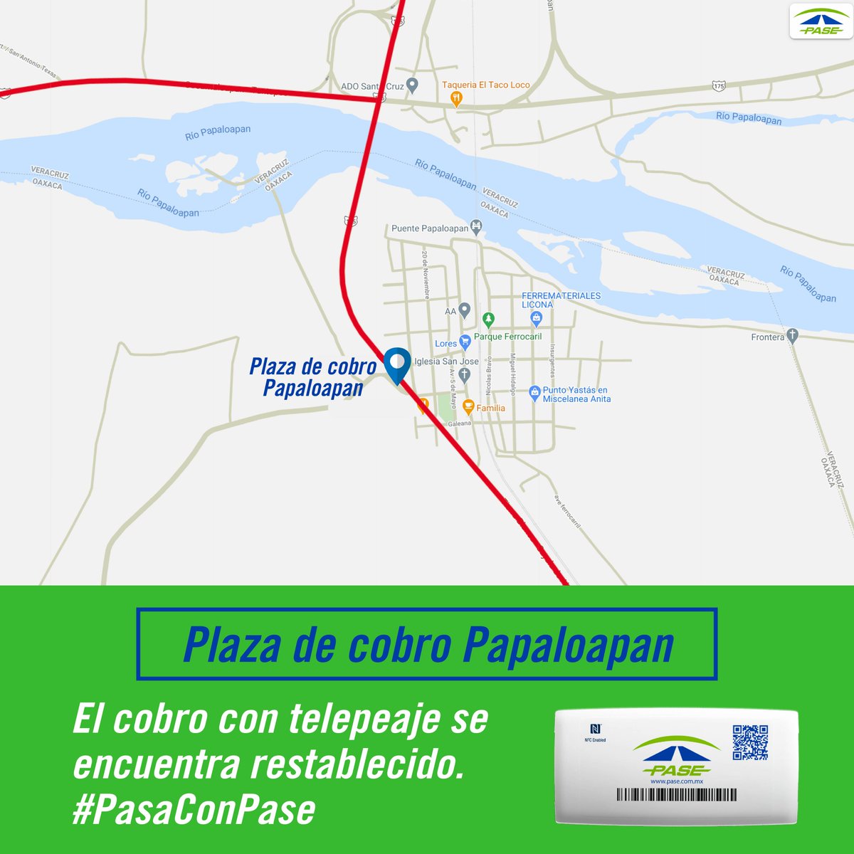tagpasemx's tweet photo. Pase informa: Ya puedes volver a usar tu PASE en la plaza de cobro 28 Puente Papaloapan. 

Viaja seguro y sin efectivo. #PasaConPASE https://t.co/cyy0Cs9xlO