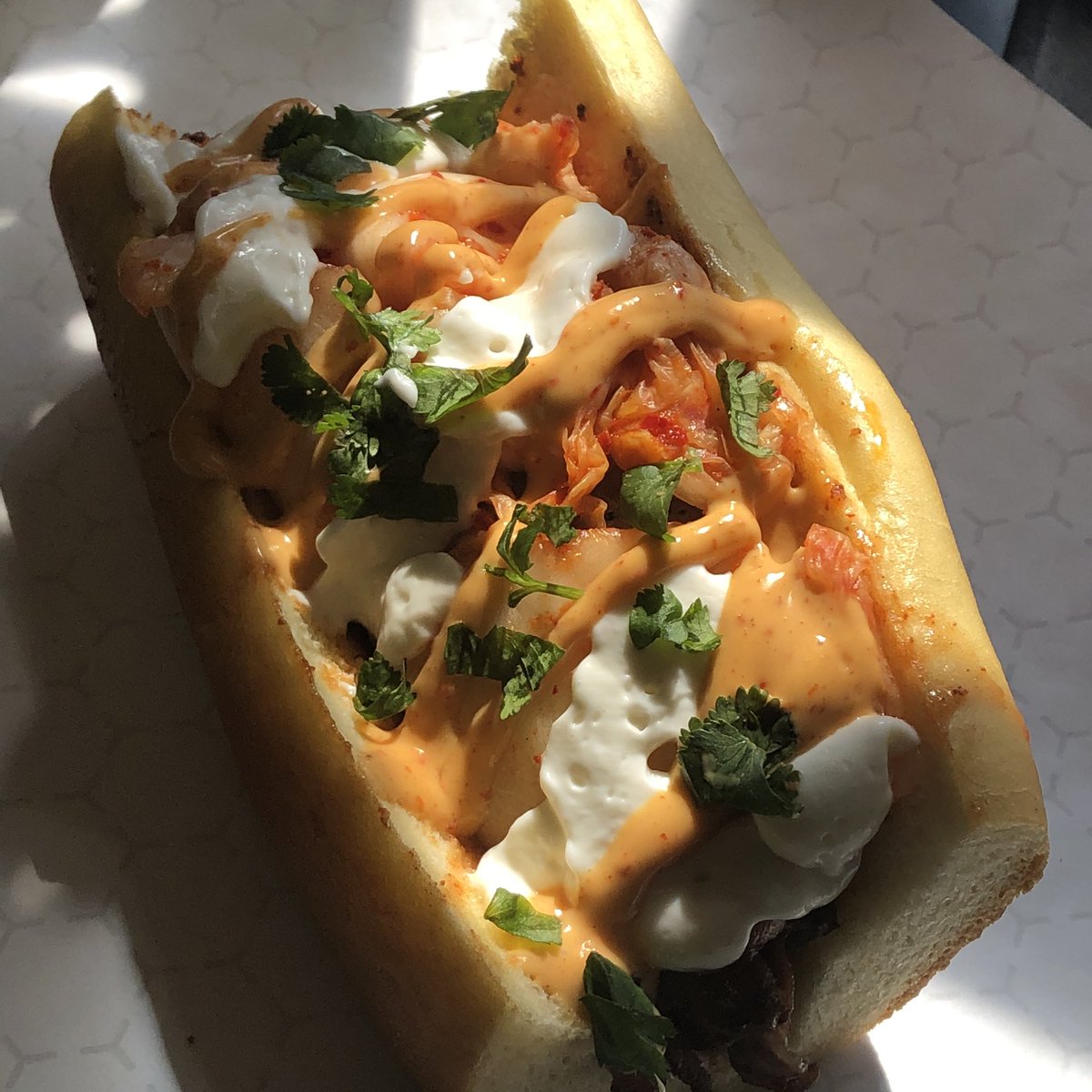 BigPinksBBQ's tweet photo. Our Special this week is a Korean Beef Sammy- Smoked Beef in a chili lime rib on a Semolina Roll and topped with Kimchi, Mayo, Chili Lime Crema and Cilantro. #bigpinksbbq #uglytruckgreatbbq #smokedbeef #kimchi https://t.co/20IPoSjRqP