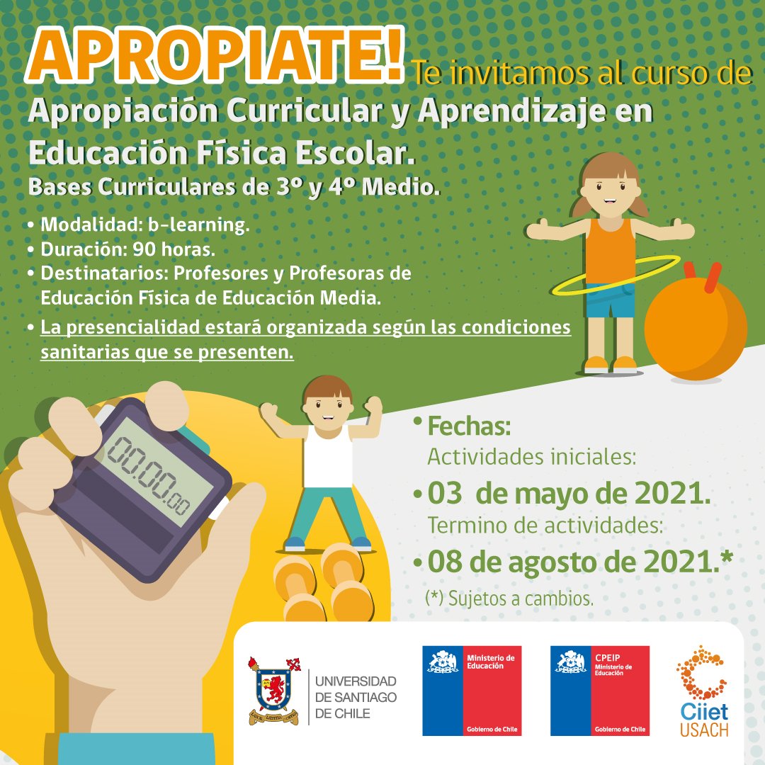 Docentes Educación Física y Salud de Enseñanza Media, los invitamos a participar de un curso diseñado e implementado por el CIIET-USACH, que CPEIP ha dispuesto para fortalecer la comprensión e interpretación de las nuevas bases curriculares. 
desarrollodocenteenlinea.cpeip.cl/acciones-forma…