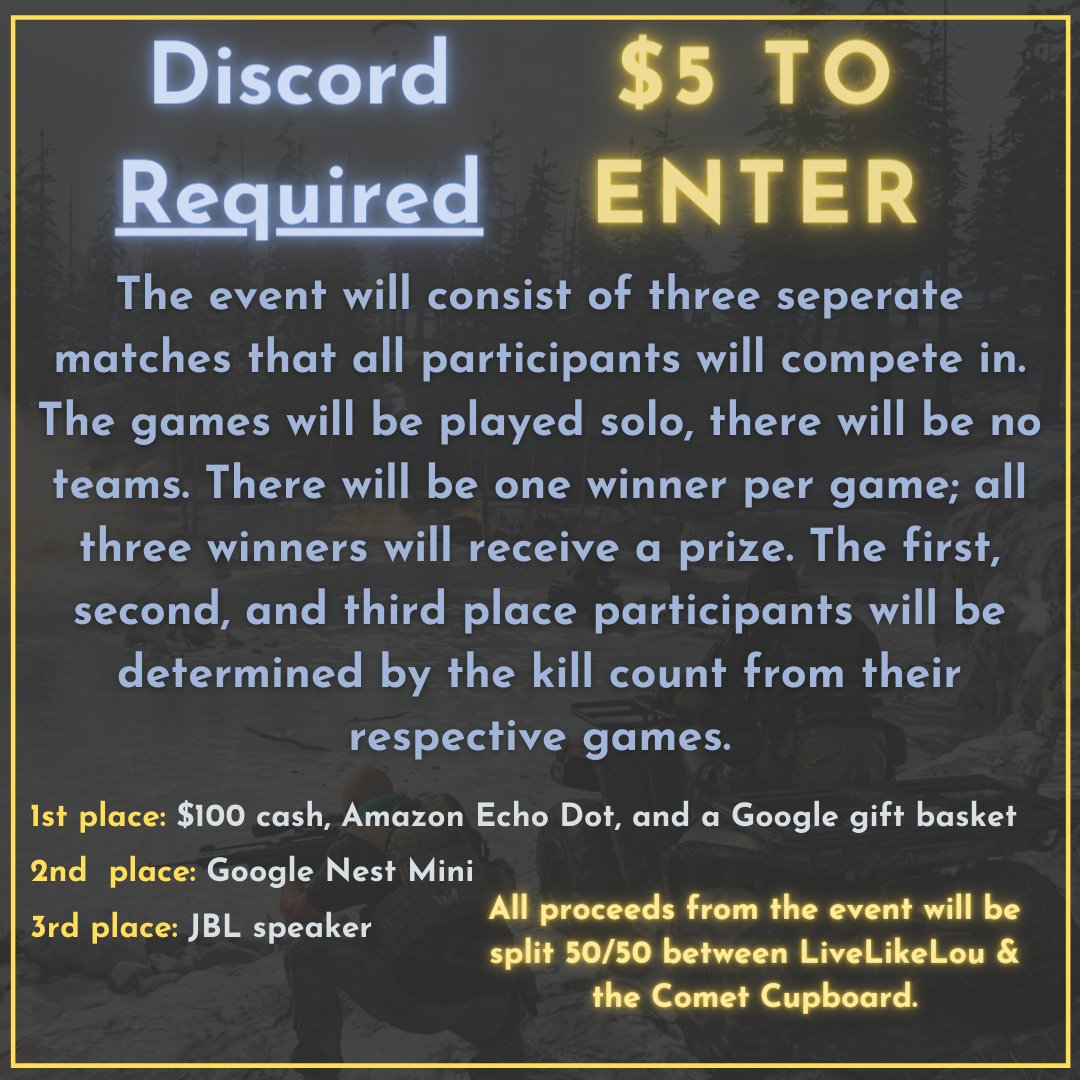 Event registration 👇
bit.ly/39riJix

Proceeds are split 50/50 between The Comet Cupboard and Live Like Lou. Come compete and support some great causes; see y'all out there.