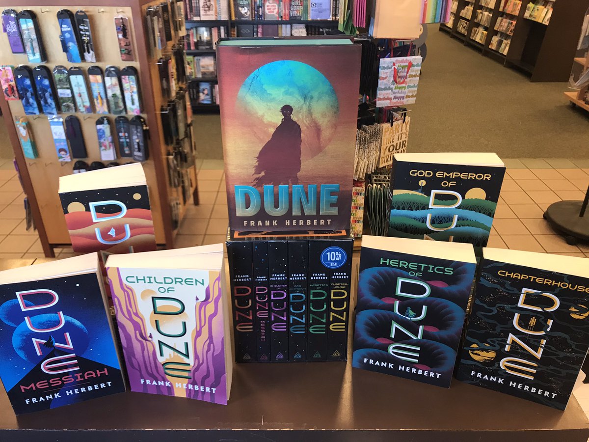 BNfayar's tweet photo. How many people are super fans of the Dune series, and also super excited for the new feature film to roll out?! If you thought Star Wars and baby Yoda were cool, you’ll freak out over Dune.✌️😎✌️ #bnfayar #barnesandnoble #dune #frankherbert #scifibooks #starwars #babyyoda https://t.co/bfD06XOjQu