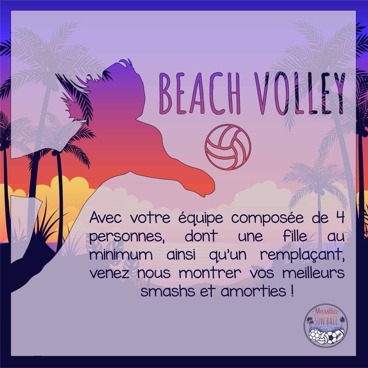 [Présentation Sports 🌅] [Beach volley 🏐]

Chers plagistes, chers sportifs ! 🌴 

Maintenant que les inscriptions sont ouvertes, il est temps de vous présenter les sports présents aux MSB … Et on commence par le 𝗕𝗲𝗮𝗰𝗵 𝘃𝗼𝗹𝗹𝗲𝘆 !
