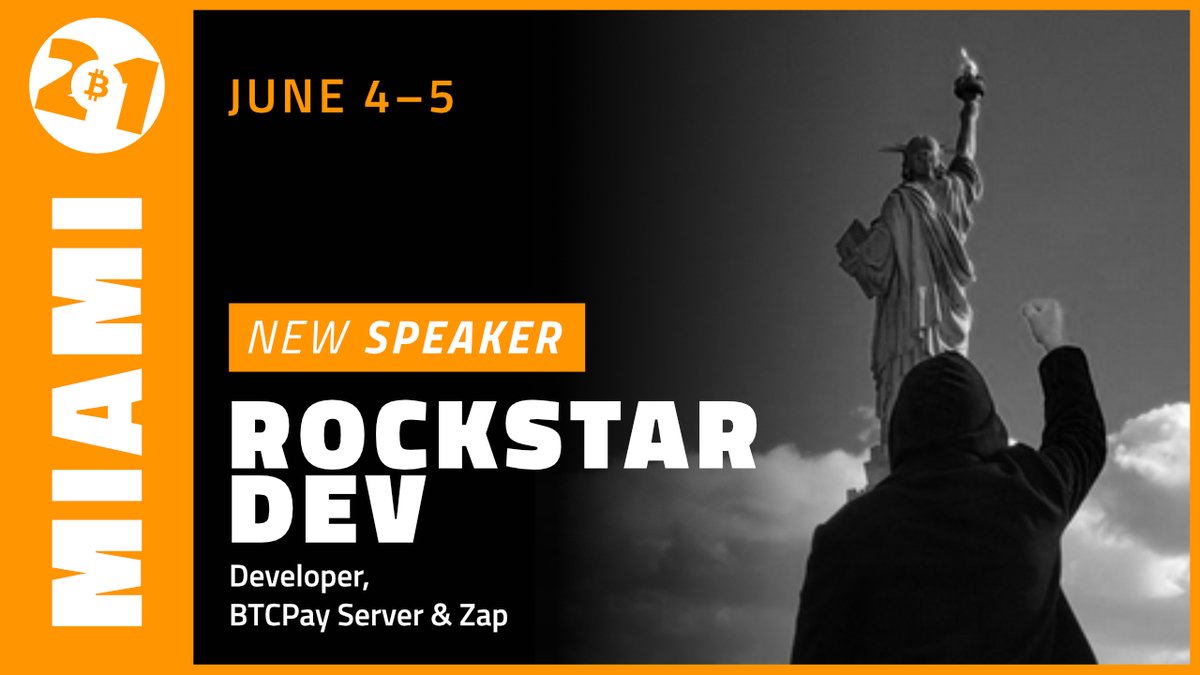 TheBitcoinConf's tweet photo. New speaker announcement!

We are excited to have @r0ckstardev speak at #Bitcoin2021 in #Miami!

Rockstar is a cypherpunk, philosopher, and developer at @BtcpayServer &amp; @ln_zap completing 3,810 contributions in the last year! 

😎🌴 https://t.co/S8YoLjrIRR