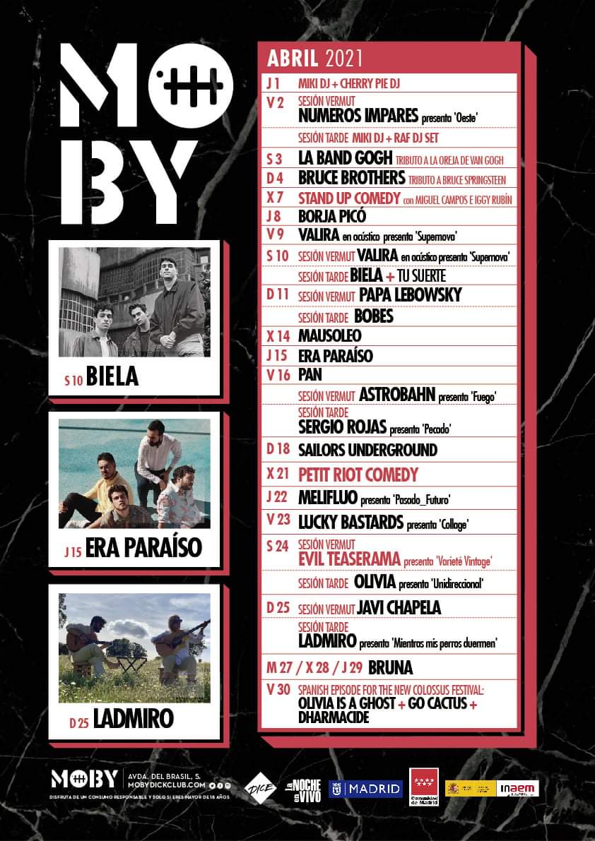 Programación de <a href="/MobyDickClub/">MobyDickClub</a> para abril. Con <a href="/valira_music/">Valira</a>, <a href="/pannnmusic/">Pan</a>, <a href="/oliviarockband/">OLIVIA</a>, <a href="/Brunalabanda/">BRUNA</a>, @Astrobahn, <a href="/PapaLebowsky/">Papá Lebowsky</a>, <a href="/Melifluoband/">MELIFLUO</a>, <a href="/NImpares/">Números_Impares</a>, <a href="/SomosEraParaiso/">Era Paraíso</a>, <a href="/ladmiro/">LADMIRO</a>, @BielaGrupo, <a href="/javichapela/">Javi Chapela</a> y más