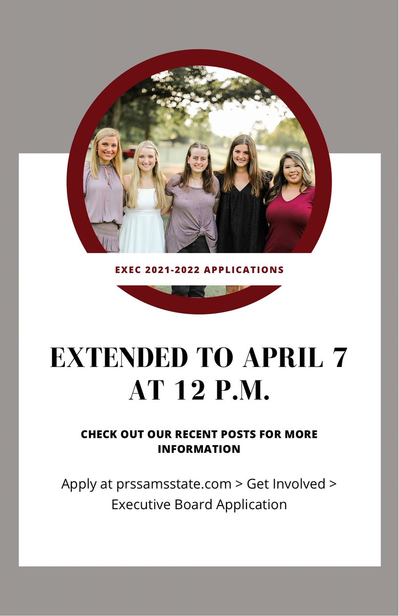 prssamsu's tweet photo. Executive Board Applications for the 2021-2022 school year are now due April 7 at 12 p.m. https://t.co/thejIMDqWX