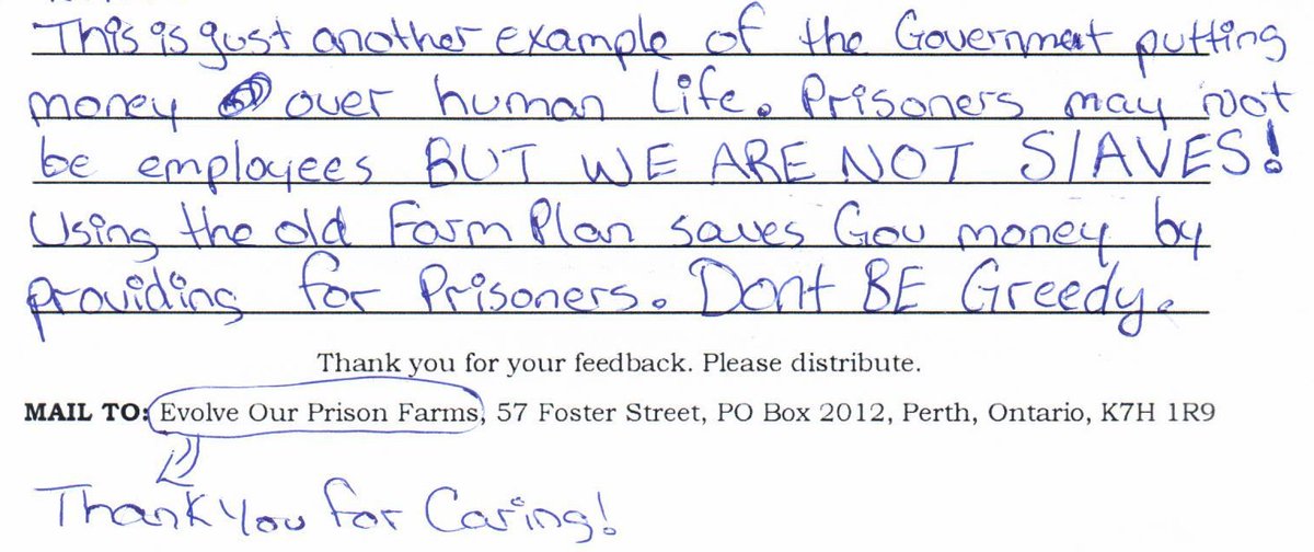 EvolveOPF's tweet photo. Evolve is collecting prisoner feedback on #prisonfarms. So far 90% in favour of transitioning to non-profit purpose (ex feeding prisoners &amp; food banks) rather than proceed as for-profit commercial ILO.

https://t.co/ApYdFh6hqN

#HumanRights #AnimalRights #ClimateCrisis #NotSlaves https://t.co/iP35AyLAI8