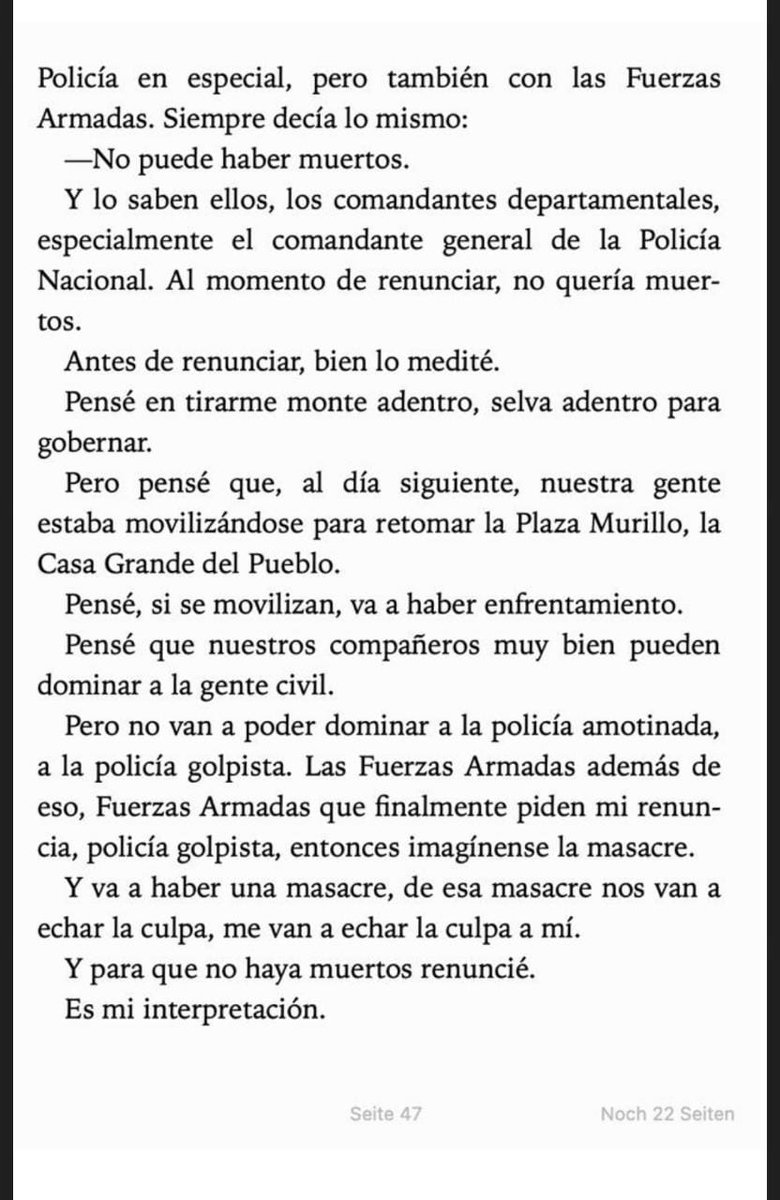 JohnArandia's tweet photo. Evo Morales, en su libro, describe que dias antes de que la FF.AA. le "sugirieran" su renuncia el ya la habia decidido con Alvaro García Linera.
Vía @brujuladigital y Raúl Peñaranda. https://t.co/Lf8jIEf8PG