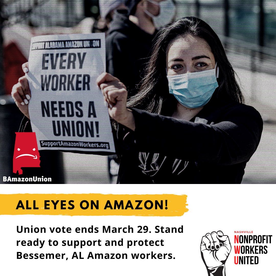 Today is the last day for voting for  #bamazonunion . Our community supports the rights of all workers to organize for better working conditions, pay, and safety! Support @BAmazonUnion 

#amazon #unionstrong💪 #workersrights #solidarity #bessemeralabama #voteunionyes