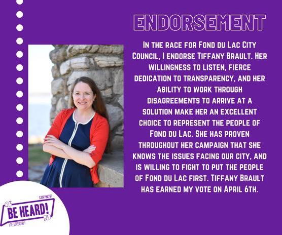 Julie4Wisconsin's tweet photo. Proud to endorse @tiffanyforfdl - Tiffany Brault for Fond du Lac City Council! https://t.co/QNh8Ij2E3j