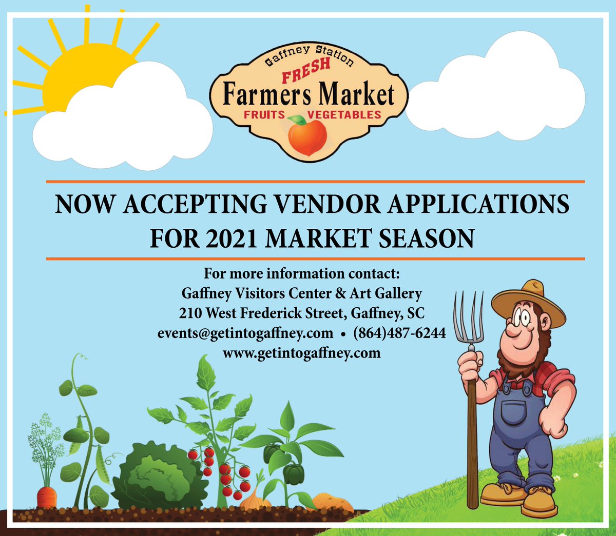 GetN2GaffneySC's tweet photo. The Gaffney Station Farmers Market is excited to begin accepting applications for the 2021 season! 
Stop by the Gaffney Visitors Center &amp; Art Gallery today to pick up a vendor application or visit https://t.co/zm5LHwsDW6. 
Applications are accepted all season long. https://t.co/6FW7PFpF2z